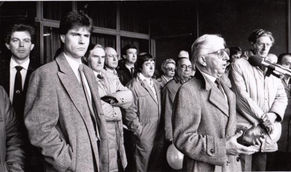 Local MP Ossie O' Brien with Darlington Mayor Jim Skinner to his right addresses a crowd to discuss the closure plans. You might recognise a couple of MP's who went on to bigger things Tony Blair can be seen as can the current Secretary for Defence Michael Fallon (5th one along) - Image: The Northern Echo