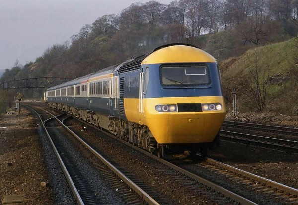 In original livery - An HST set on the Midland Mainline near Chesterfield on the long drag up the bank to Sheffield.