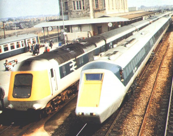 The battle for supremacy seen at Swindon. The prototype HST alongside the prototype Leyland Gas Turbine APT-P... the latter suffered a slow and lingering death.